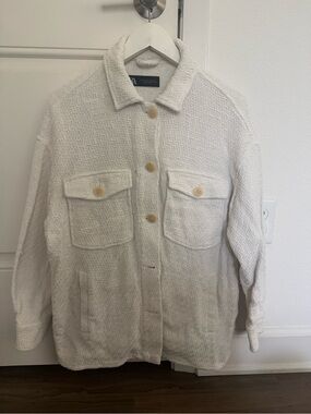 Zara Cream Textured Button-Front Utility Jacket